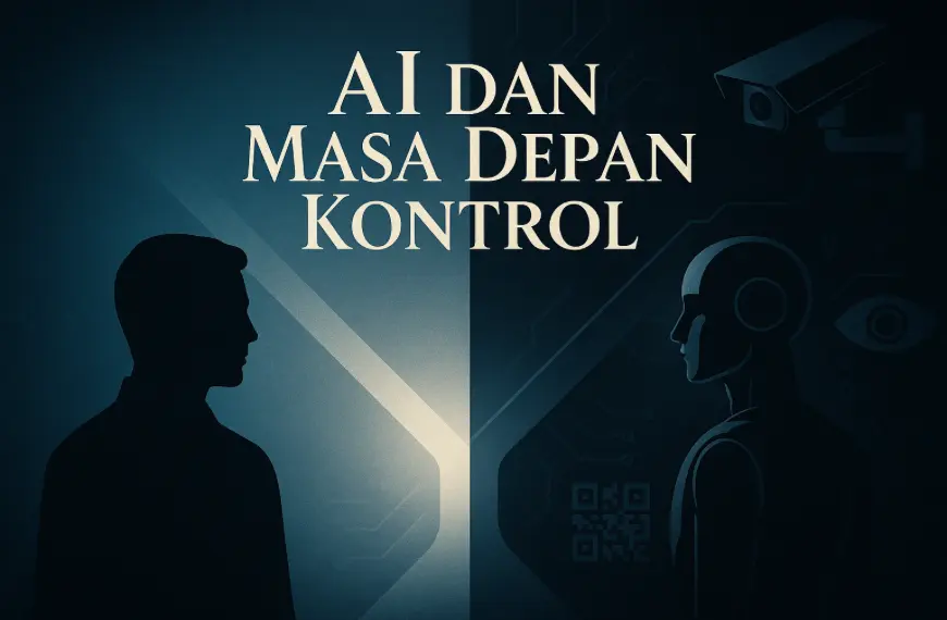 Home Hero image AI dan Masa Depan Kontrol dengan siluet manusia dan robot di jalur bercabang menuju kebebasan atau pengawasan total