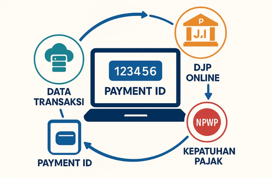 Infografik keterkaitan Payment ID di Indonesia dengan data transaksi, DJP Online, dan kepatuhan pajak.
