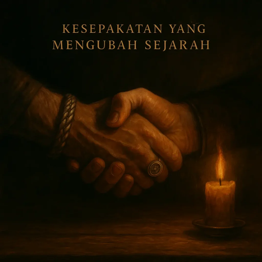 Gambar tangan bersalaman antara Raja Alfred dan Viking melambangkan aliansi rahasia