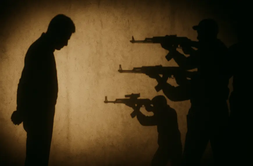 Bayangan seorang tahanan dengan tangan terikat berdiri di depan dinding, dihadapkan pada siluet regu tembak bersenjata.