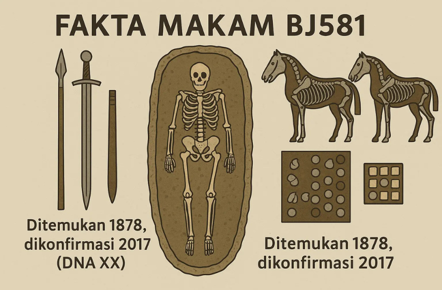 Infografik Fakta Makam Bj581 mengungkap Viking Wanita: Bukti Pejuang yang Dihapus dari Catatan Sejarah dengan senjata, dua kuda, dan set strategi.