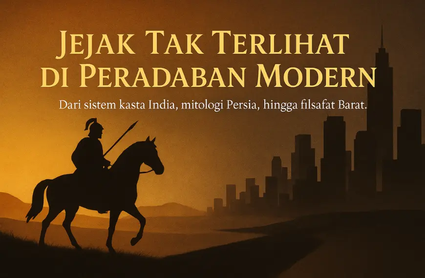 Home Siluet prajurit berkuda Bangsa Arya dengan bayangan menuju kota modern