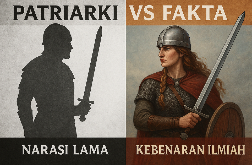 Ilustrasi Patriarki vs Fakta menyoroti Viking Wanita: Bukti Pejuang yang Dihapus dari Catatan Sejarah dengan perbandingan narasi lama dan kebenaran ilmiah.