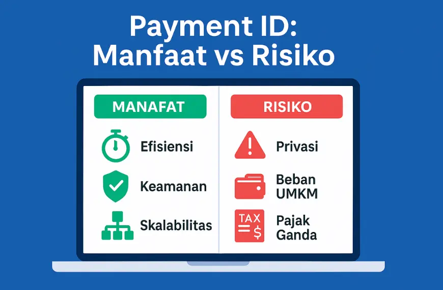 Infografik perbandingan manfaat dan risiko Payment ID di Indonesia untuk bisnis dan wajib pajak.