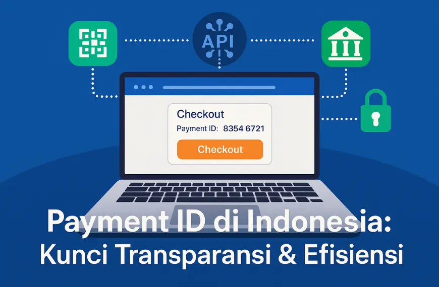 Hero image menampilkan konsep Payment ID di Indonesia dengan laptop, ikon bank, payment gateway, QRIS, dan gembok keamanan.