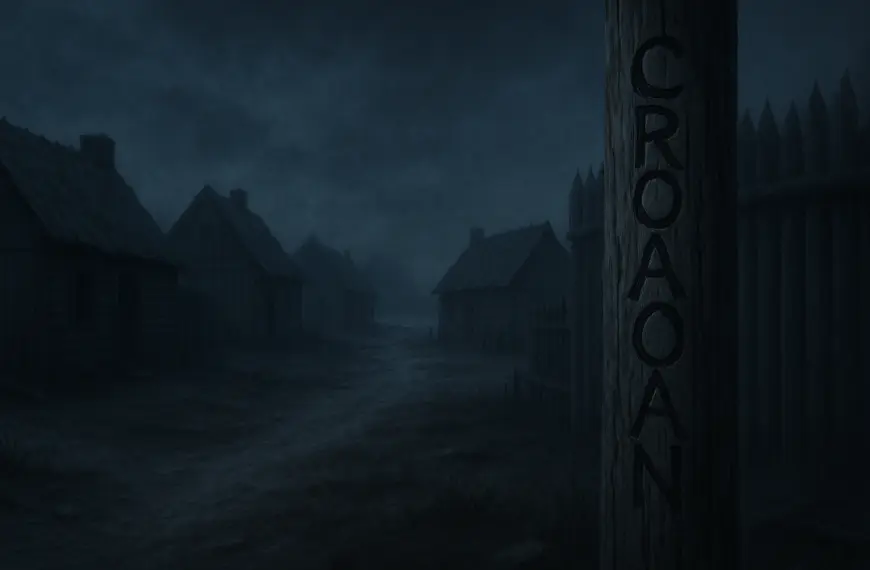 Hero image Misteri Hilangnya Koloni Roanoke dengan desa kosong dan ukiran CROATOAN di tiang benteng.