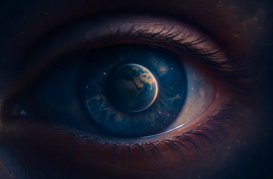 Home Mata manusia dengan refleksi dunia sebagai simbol realitas dan persepsi