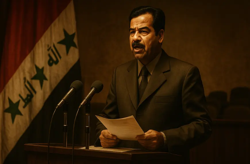 Saddam Hussein berdiri di podium, berbicara di depan mikrofon dengan latar bendera Irak era Ba’ath, suasana formal dan tegang.