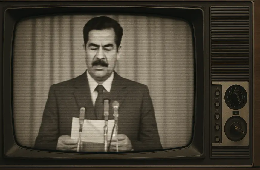 Tampilan Saddam Hussein berbicara di podium dalam siaran televisi hitam-putih era 1970-an.