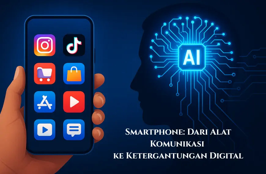 Ilustrasi smartphone dan ketergantungan digital dengan koneksi menuju otak AI bercahaya biru.