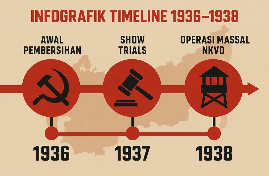 Infografik timeline Great Purge Stalin 1936–1938 dengan ikon palu-arit, palu hakim, dan menara Gulag