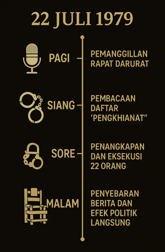 Infografik garis waktu peristiwa 22 Juli 1979, mulai dari rapat darurat pagi hari hingga eksekusi sore dan penyebaran berita malamnya.