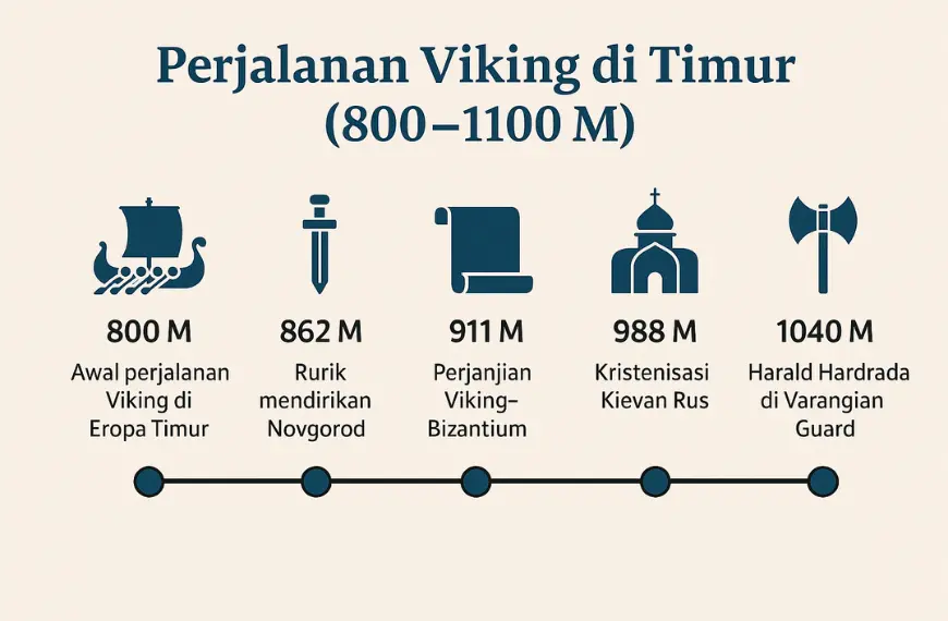 Infografik timeline perjalanan Viking dari Skandinavia ke Konstantinopel untuk artikel “Dari Skandinavia ke Konstantinopel: Peran Viking dalam Sejarah Rusia & Bizantium”