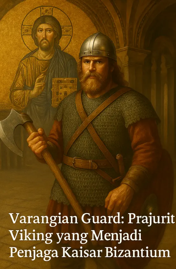 Ilustrasi realistis Varangian Guard dalam Hagia Sophia untuk artikel “Dari Skandinavia ke Konstantinopel: Peran Viking dalam Sejarah Rusia & Bizantium”