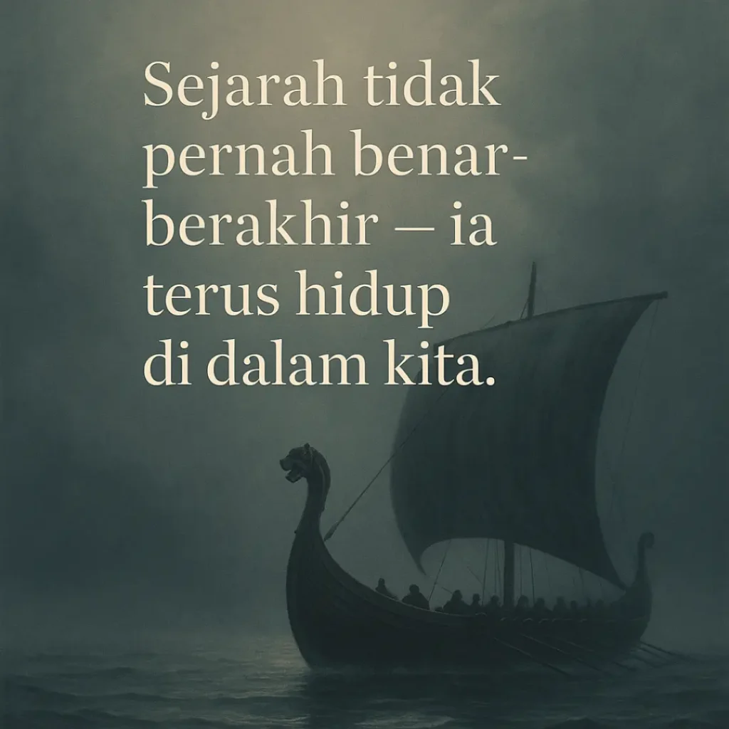 Kapal panjang Viking di laut berkabut dengan kutipan sejarah – Jejak Viking di Dunia Modern